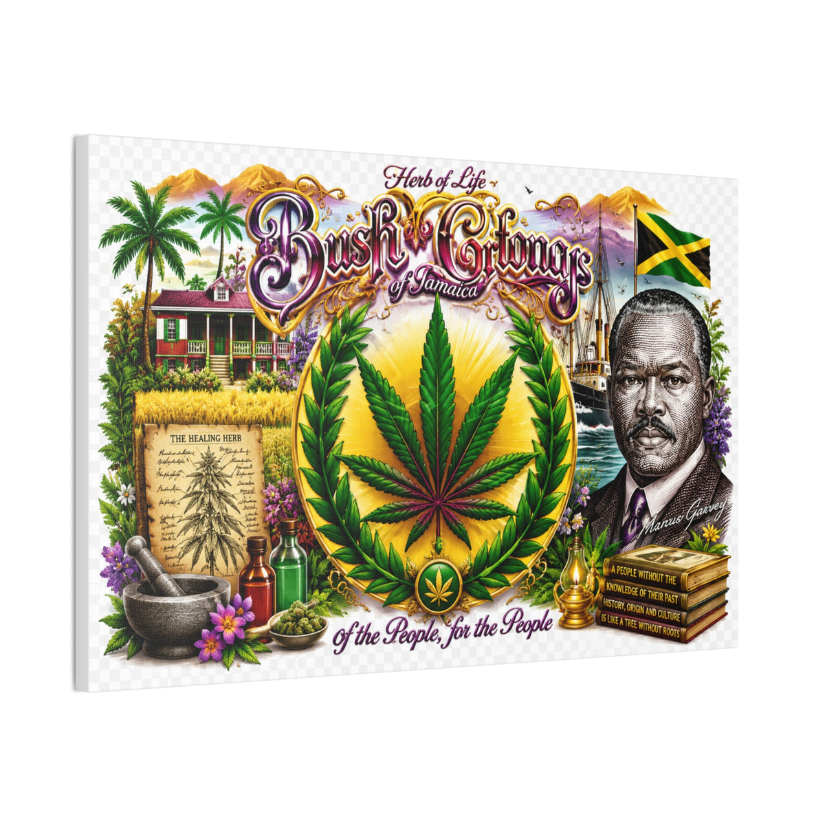 Reggae Herb of Life Canvas Print — Jamaican Rastafarian Cannabis Artwork, 'Bush & Curvns' Decorative Wall Art