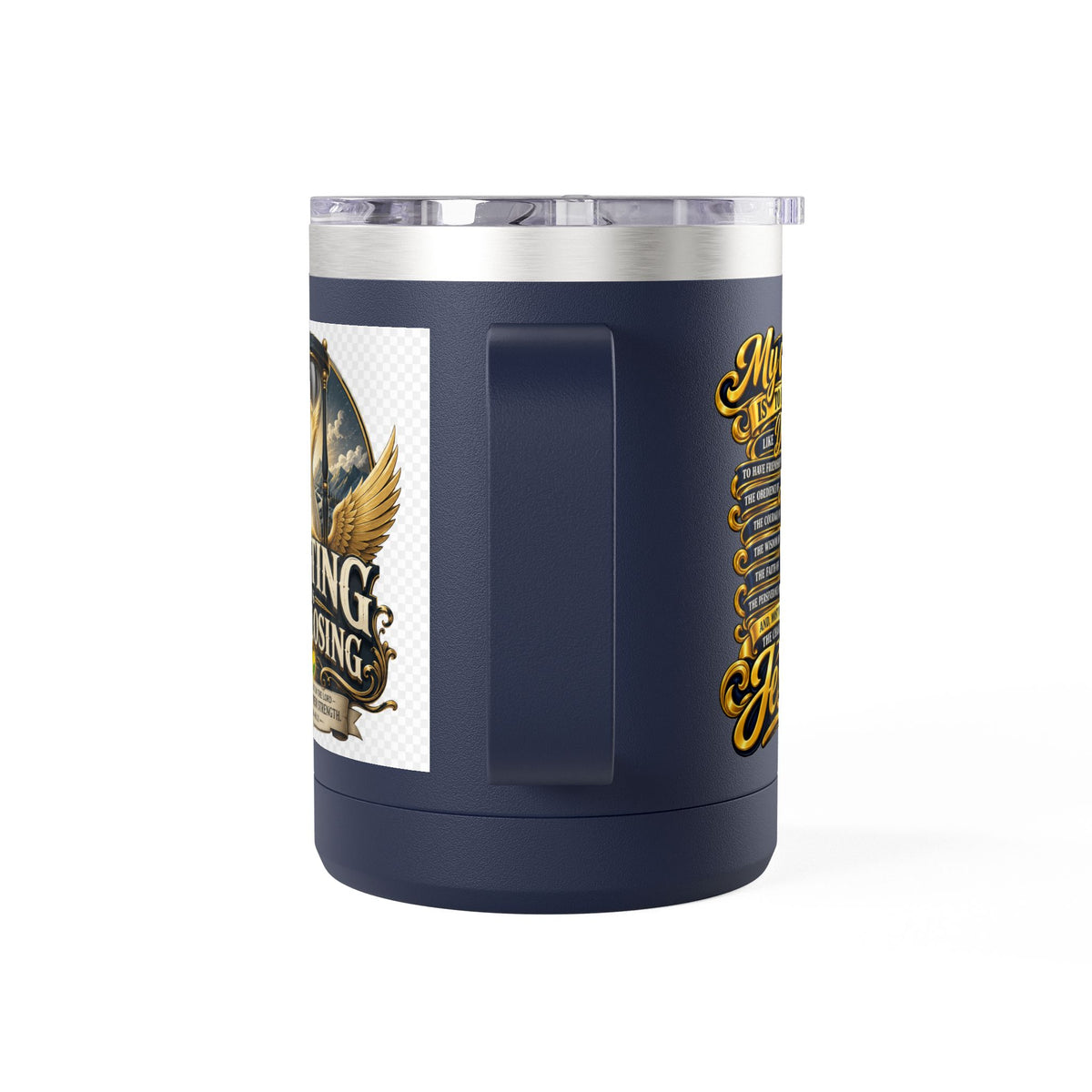 Waiting Is Not Losing mug | Inspirational hourglass design, gold wings, 15oz tumbler