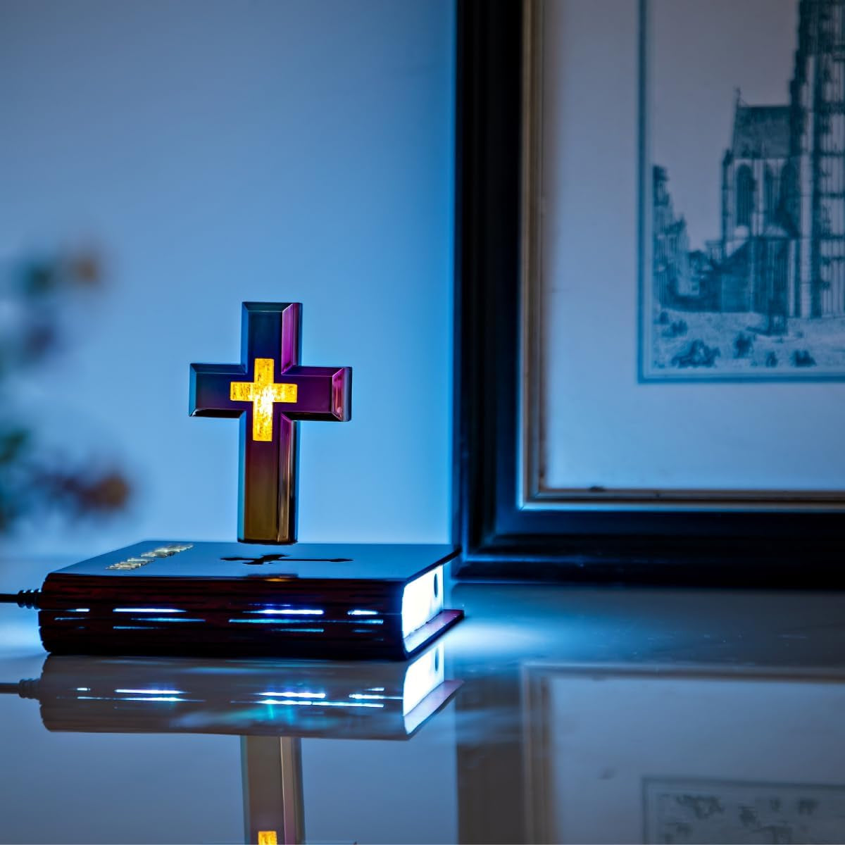 Levitating Cross Lamp with Floating Cross over Bible