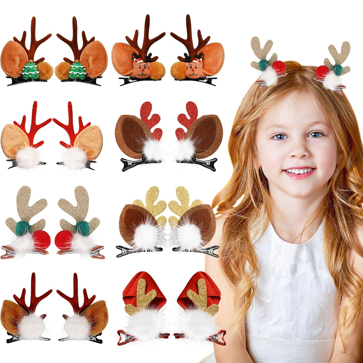 16PCS Reindeer Antler Hair Clips Christmas Pine Cone Headband