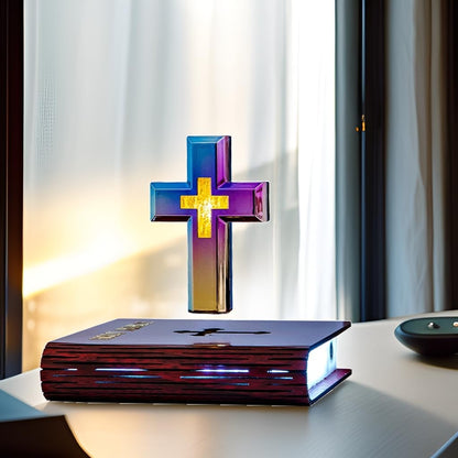 Levitating Cross Lamp with Floating Cross over Bible