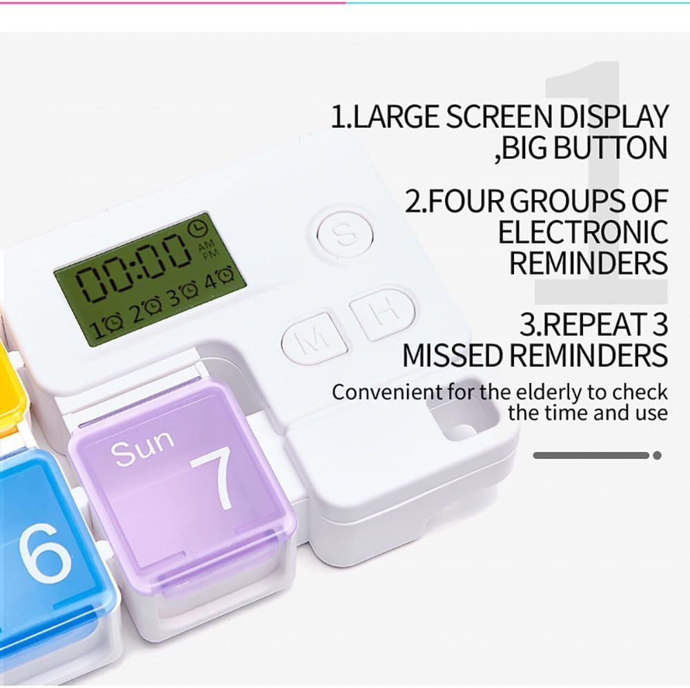 Smart Pill Box,7 Day Pill Organizer,4 Alarm Clocks,Am/Pm Automatic Alarm Reminder,Hold Vitamins Fish Oil,Supplements,Travel Pill or Pillganizer,Suitable for the Elderly, Children, Office Workers