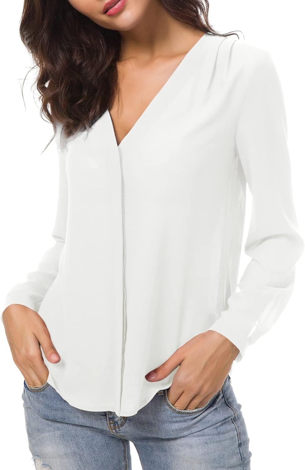 Women's V-Neck Ruffled Shoulder Chiffon Blouse with Button Down Closure for Business Casual Wear