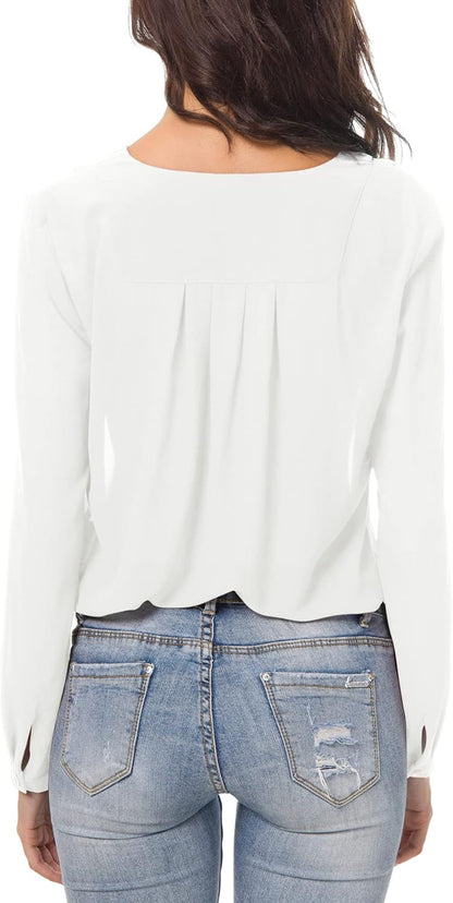 Women's V-Neck Ruffled Shoulder Chiffon Blouse with Button Down Closure for Business Casual Wear