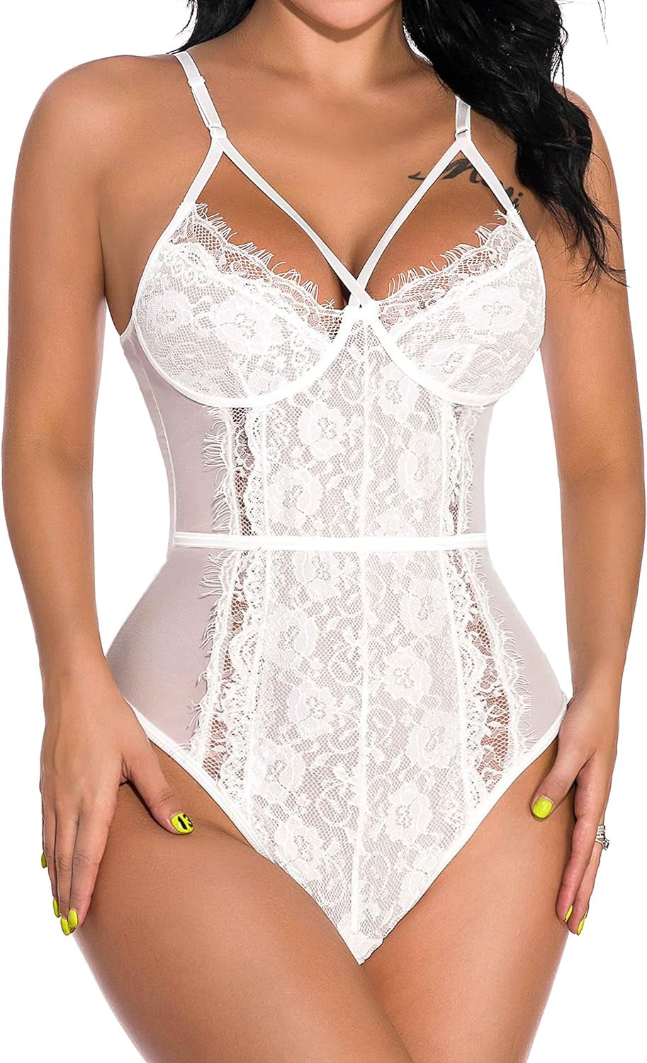 Lingerie for Women Eyelash Lace Strappy Sexy Teddy Babydoll Lingerie with Snap Crotch
