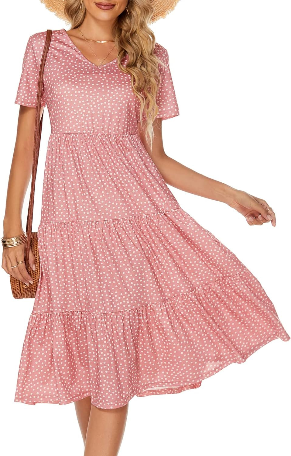 Women's Casual Summer Tiered Midi Dress with V-Neck - Bohemian Sundress 2026