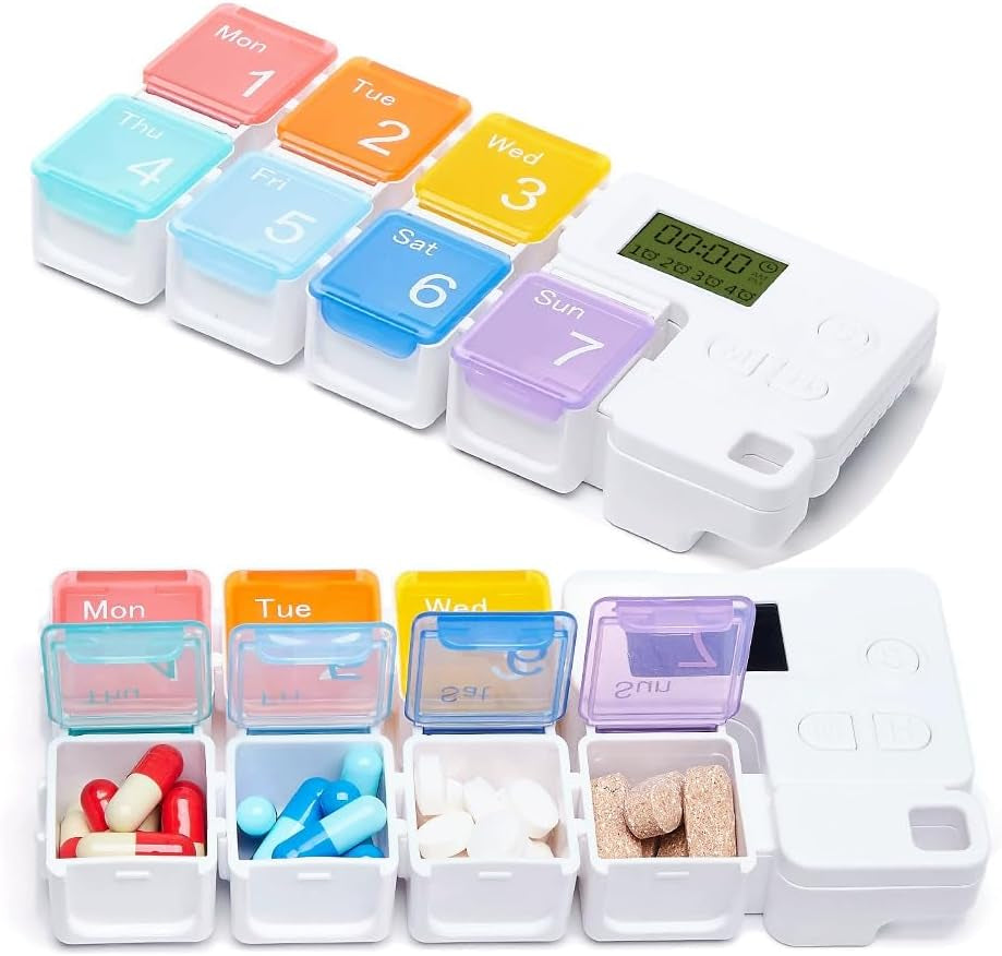 Smart Pill Box,7 Day Pill Organizer,4 Alarm Clocks,Am/Pm Automatic Alarm Reminder,Hold Vitamins Fish Oil,Supplements,Travel Pill or Pillganizer,Suitable for the Elderly, Children, Office Workers