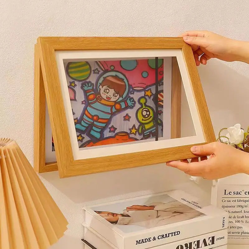 Magnetic Wooden Flip Art Photo Frame, A4 Photo Frame, DIY Photo Frame, Children'S Storage Display Frame, Home Decoration