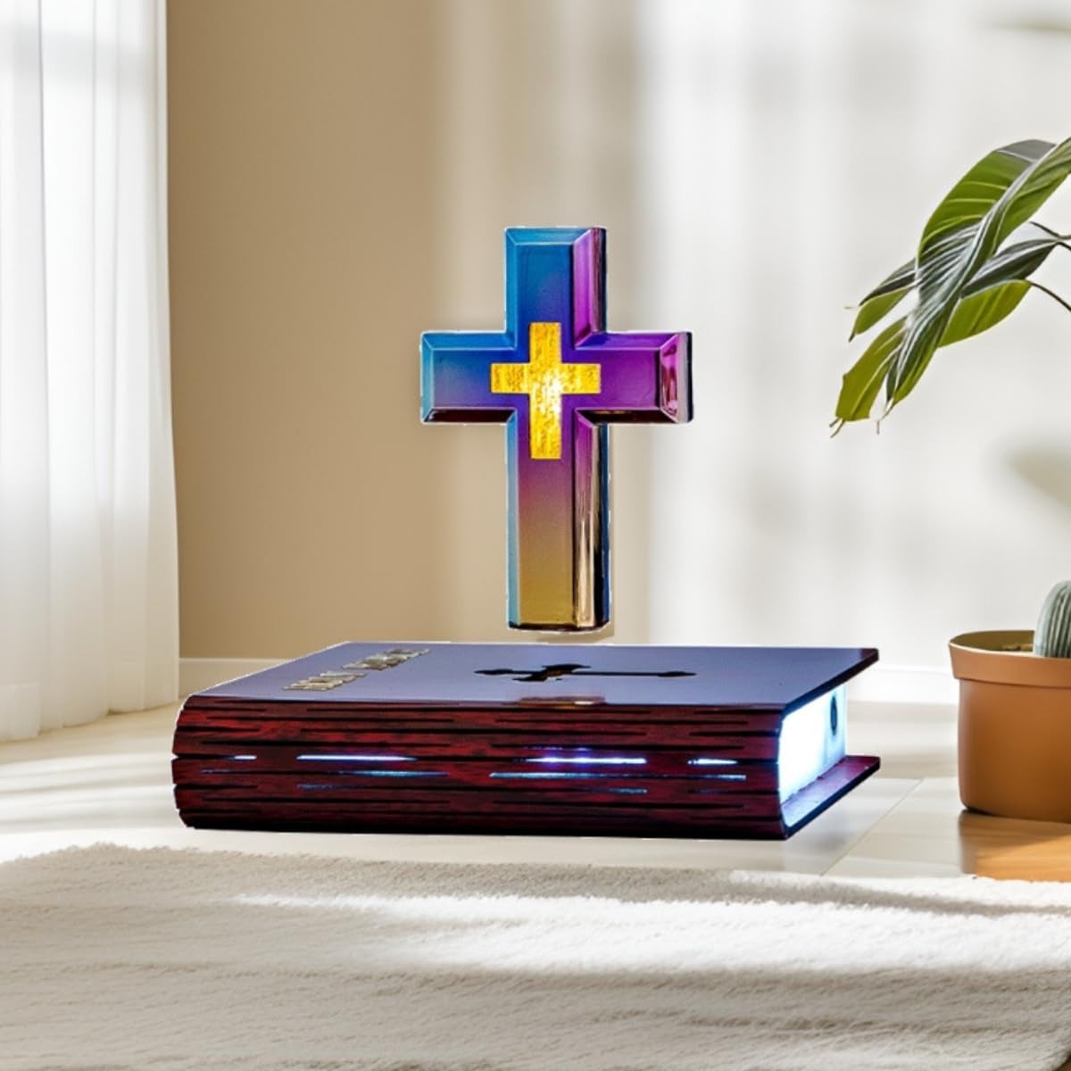 Levitating Cross Lamp with Floating Cross over Bible