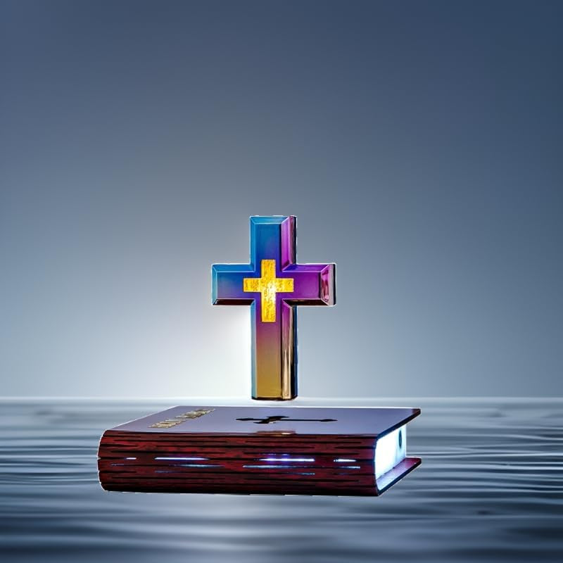 Levitating Cross Lamp with Floating Cross over Bible