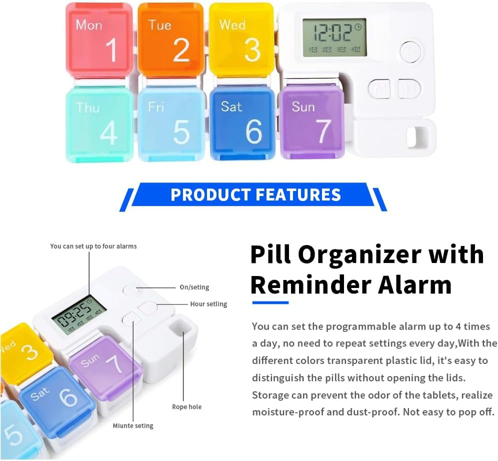 Smart Pill Box,7 Day Pill Organizer,4 Alarm Clocks,Am/Pm Automatic Alarm Reminder,Hold Vitamins Fish Oil,Supplements,Travel Pill or Pillganizer,Suitable for the Elderly, Children, Office Workers