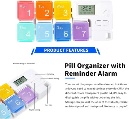 Smart Pill Box,7 Day Pill Organizer,4 Alarm Clocks,Am/Pm Automatic Alarm Reminder,Hold Vitamins Fish Oil,Supplements,Travel Pill or Pillganizer,Suitable for the Elderly, Children, Office Workers