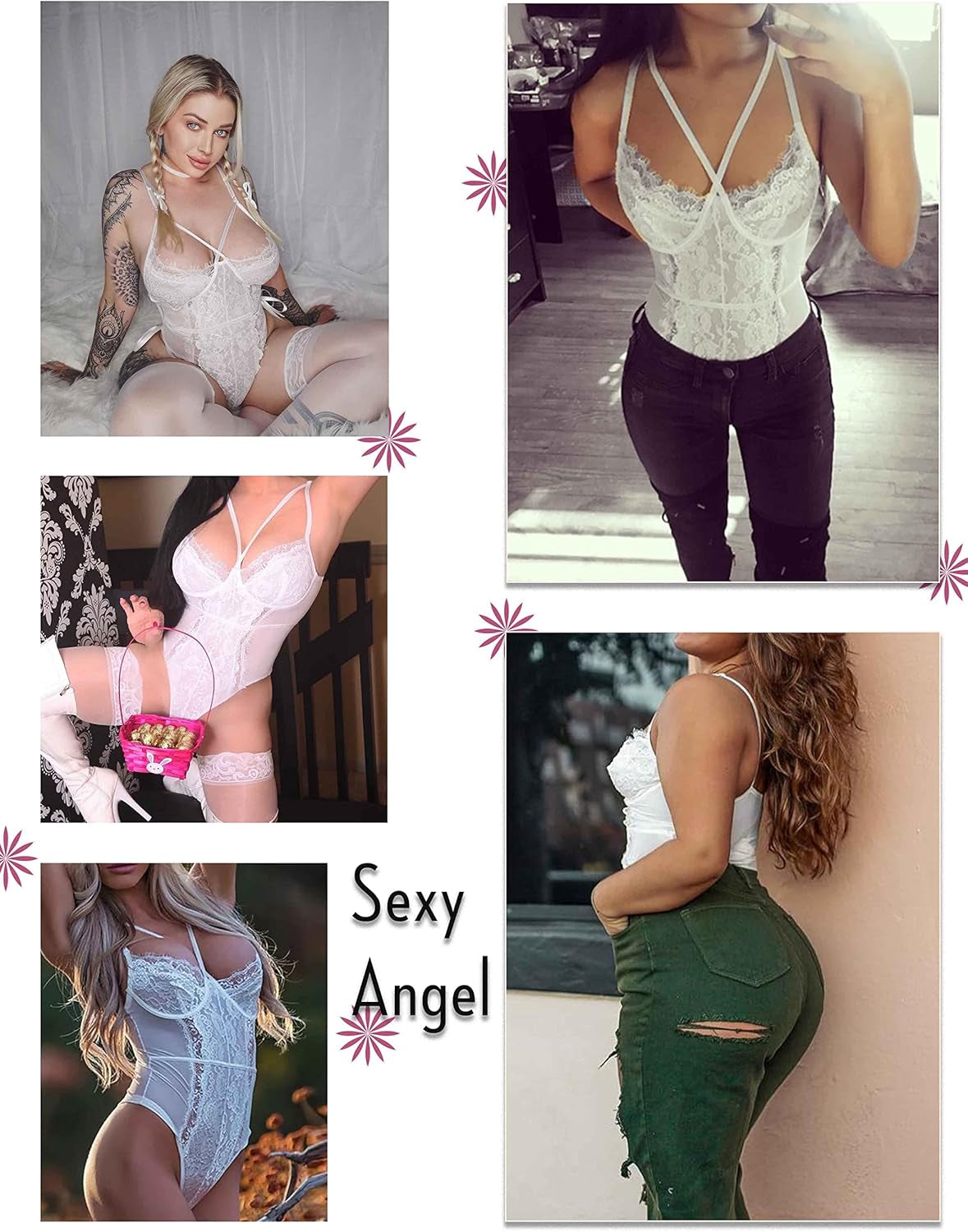 Lingerie for Women Eyelash Lace Strappy Sexy Teddy Babydoll Lingerie with Snap Crotch