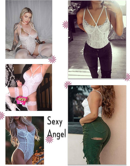 Lingerie for Women Eyelash Lace Strappy Sexy Teddy Babydoll Lingerie with Snap Crotch