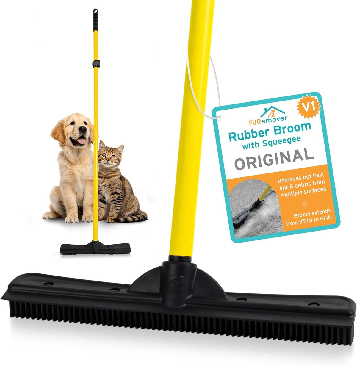 Pet Hair Removal Rubber Broom, 61" Telescopic Handle