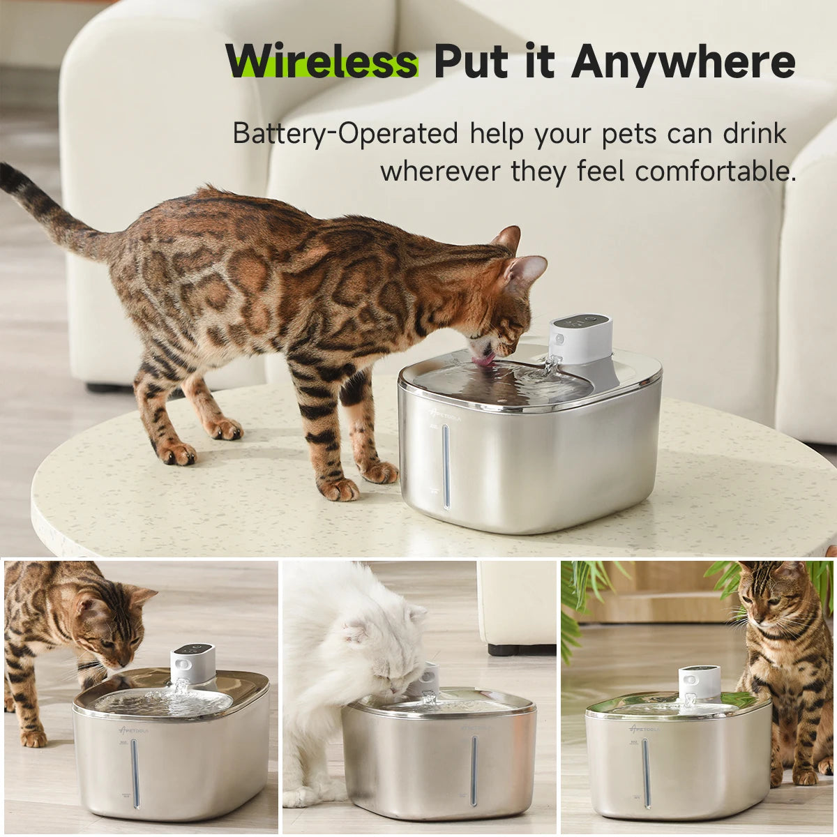 4L Automatic Stainless Steel Cat Water Fountain 4000Mah Wireless Cat Dog Drinker Pet Water Dispenser with 2Pcs Filters