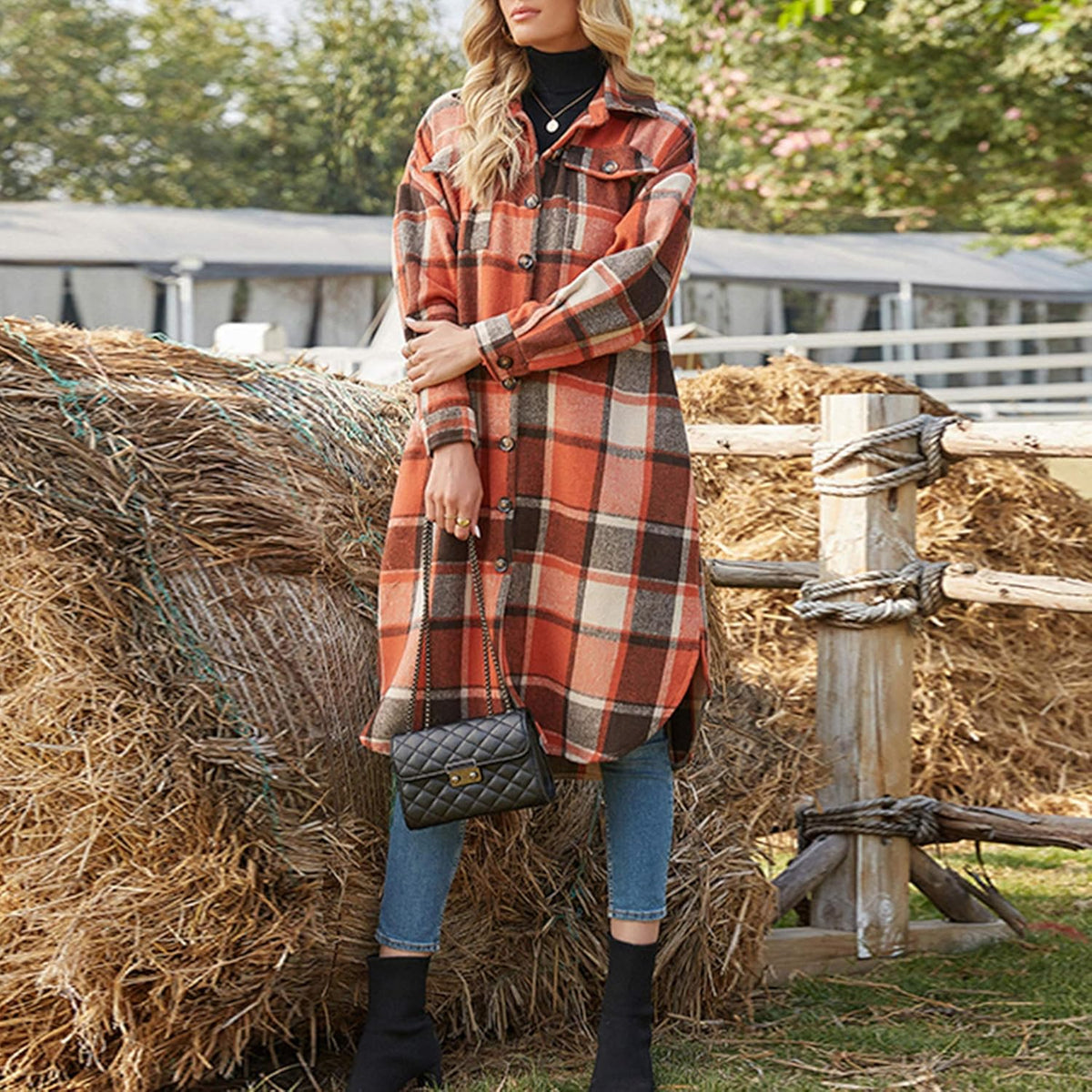 Women's Casual Wool Blend Plaid Shirt Jacket with Button Down and Pockets