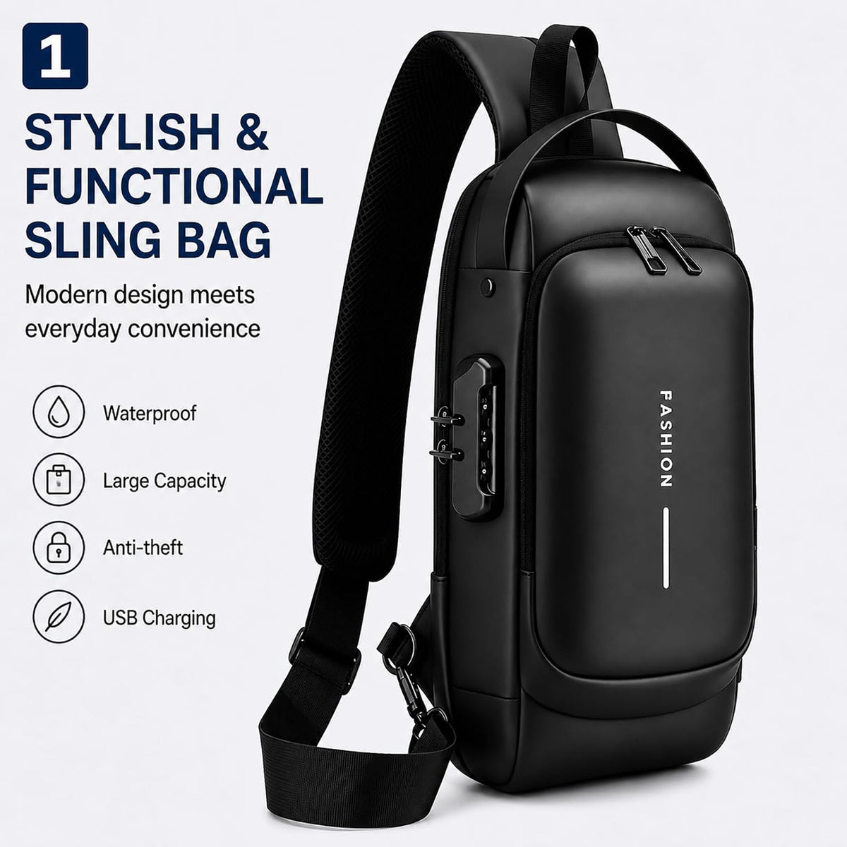 Sling Bag for Men Women, Theft Crossbody Backpack with USB Charging Port, Waterproof Chest Bag with Password Lock