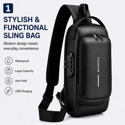 Sling Bag for Men Women, Theft Crossbody Backpack with USB Charging Port, Waterproof Chest Bag with Password Lock